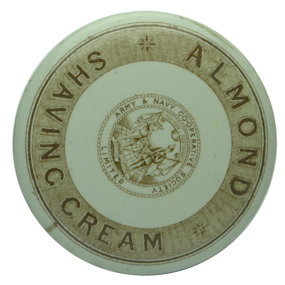 Pot Lid. Army & Navy Co-operative, Almond Shaving Cream. Sepia Print.