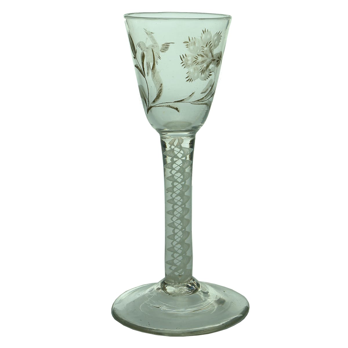 Glass. Georgian twisted white stem. Etched bird and flower with leaves.