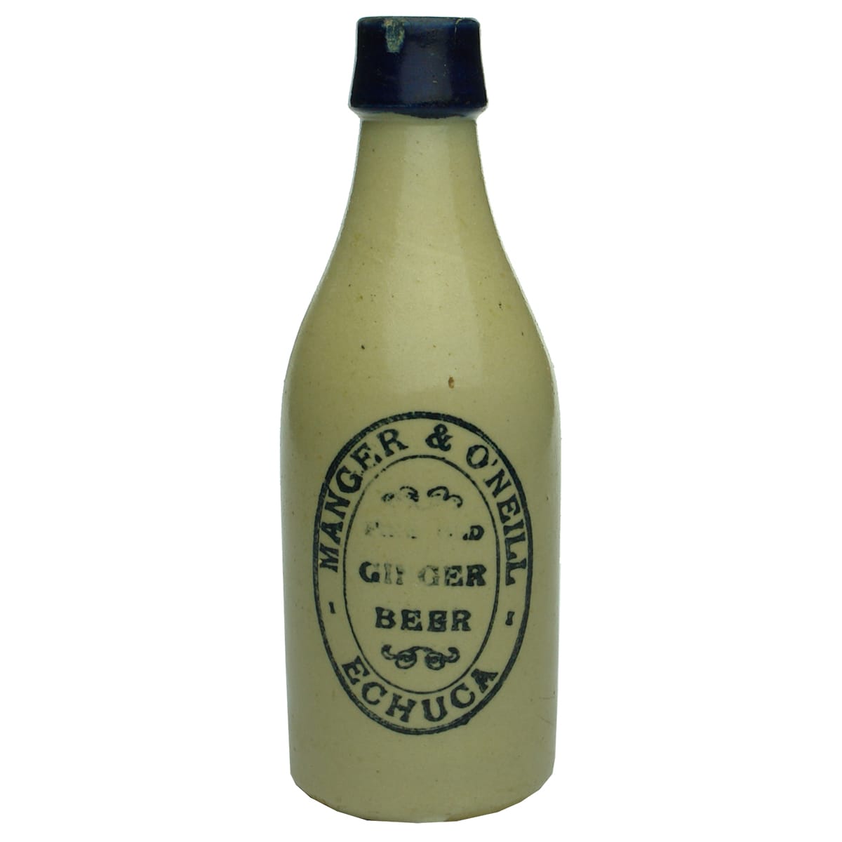 Ginger Beer. Manger & O'Neill, Echuca. Champagne. Blue Lip. Later Bendigo Pottery stamp. (Victoria)