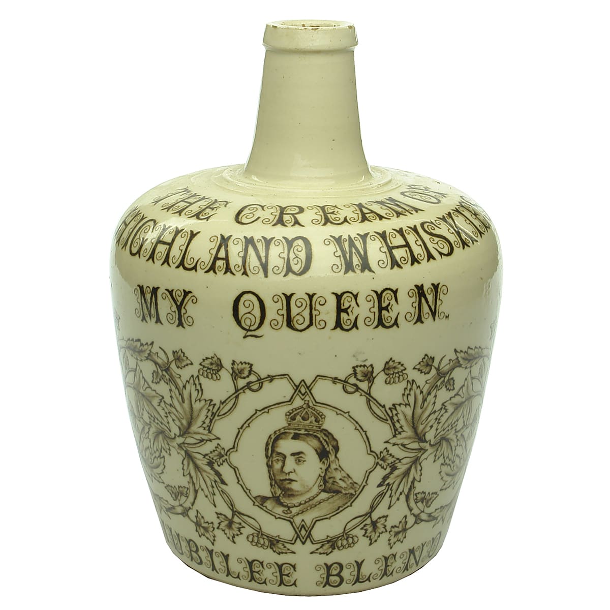 Whisky Jug. My Queen. Jubilee Blend. Thom & Cameron, Glasgow. All White with Sepia Print.