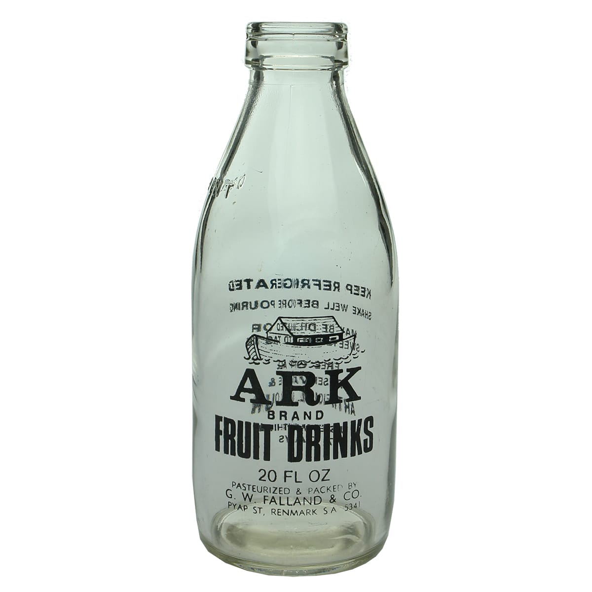 Milk. Well maybe Fruit Juice. ARK Brand Fruit Drinks. Falland, Renmark. Foil top milk shape. 1 Pint. (South Australia)