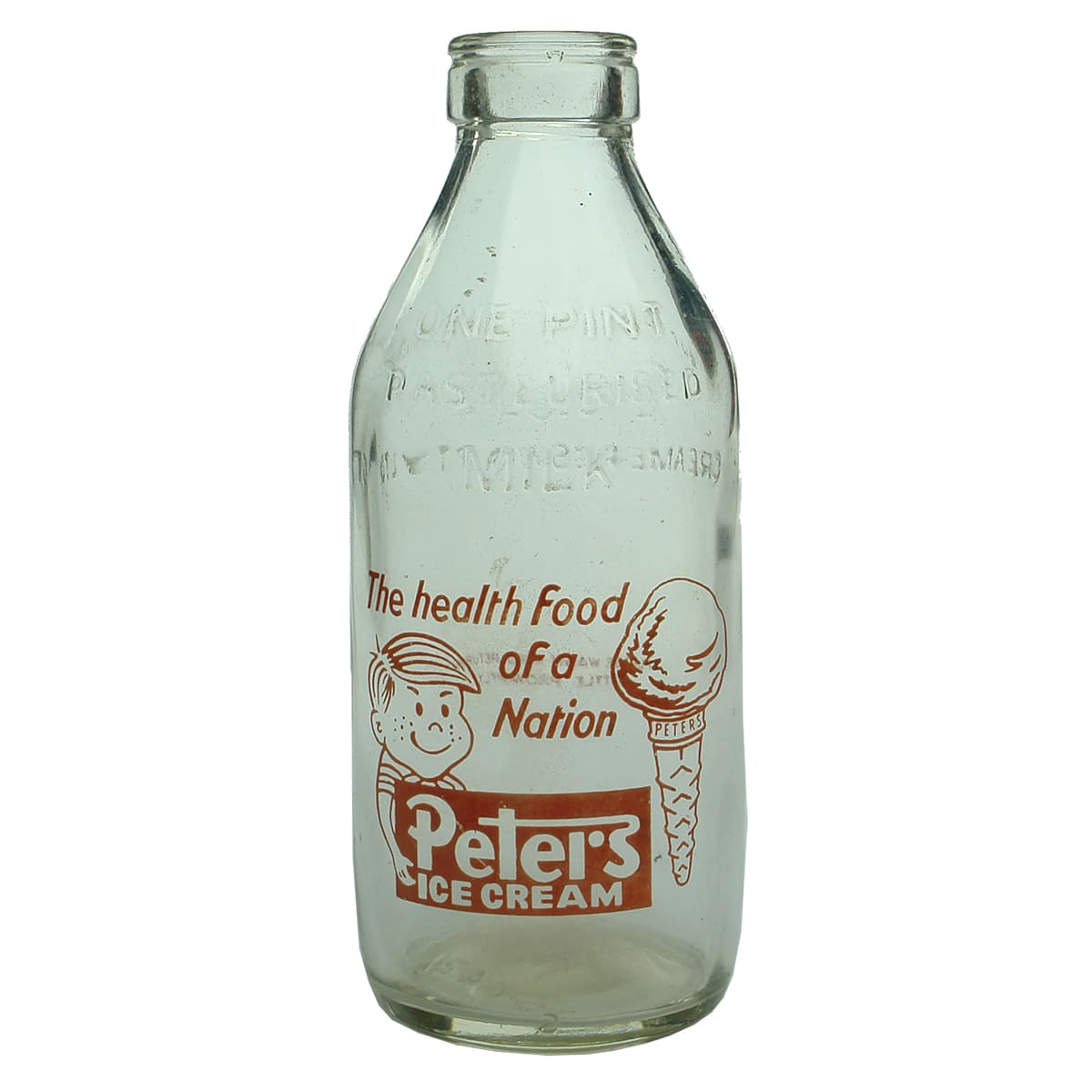 Ceramic Label Advertising Milk. Peters Ice Cream. Peters Creameries WA. Red Print. Pint. (Western Australia)