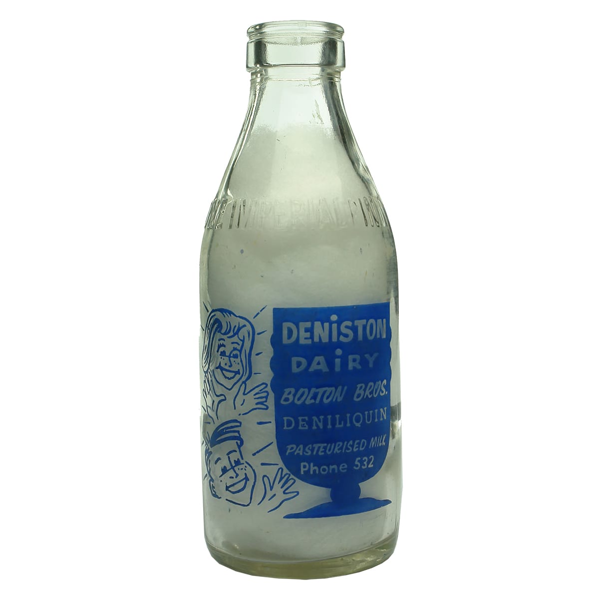 Milk. Deniston Dairy, Bolton Bros., Deniliquin. Foil top. Blue print. 1 Pint. (New South Wales)