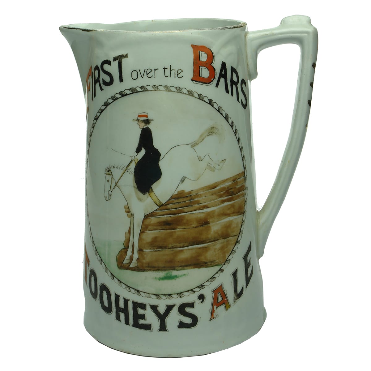 Beer Advertising Water Jug. Tooheys' Ale. First over the Bars. Multi-coloured. (Sydney, New South Wales)