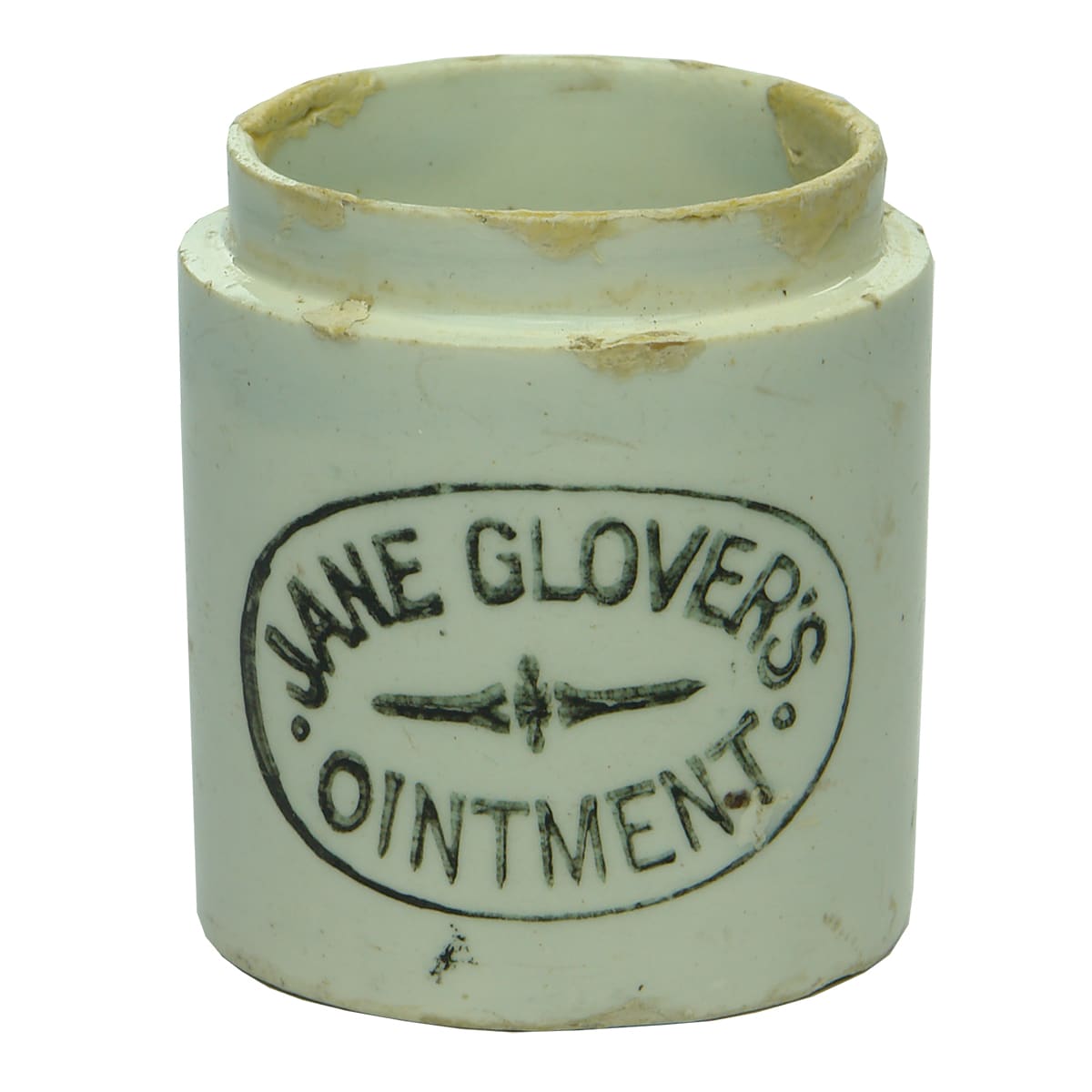 Ointment Pot. Jane Glover's Ointment. Black on White. (Sale, Victoria)