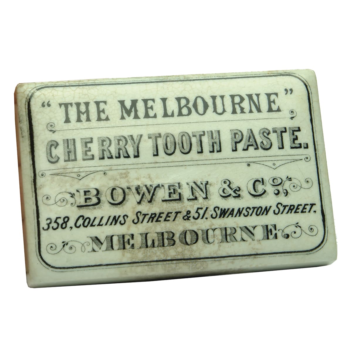 Pot Lid. Bowen & Co., The Melbourne Cherry Tooth Paste. Rectangular. Black & White. (Victoria)