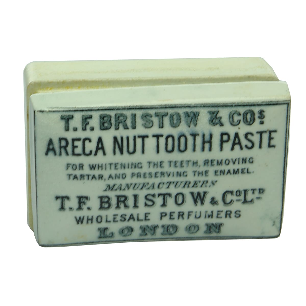Pot Lid. Bristow, London. Areca Nut Tooth Paste. Rectangular. Black & White.