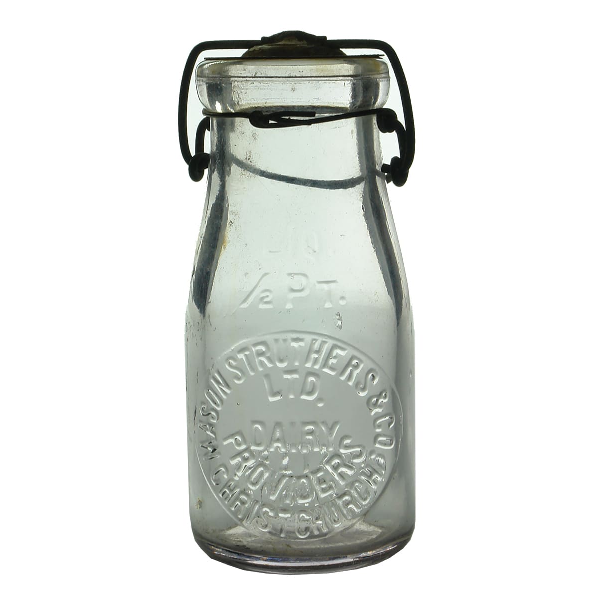 Milk. Mason Struthers & Co. Ltd., Christchurch. Wide mouth with tin cap. Amethyst. 1/2 Pint.