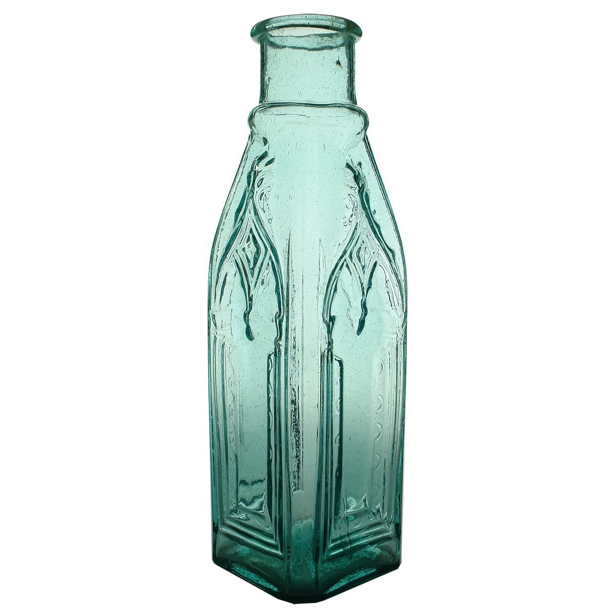 Goldfields Pickle. Very large Cathedral pickle with heavily detailed panels to three sides. Plain arch for label space. No base mark. Aqua. Half Gallon+.