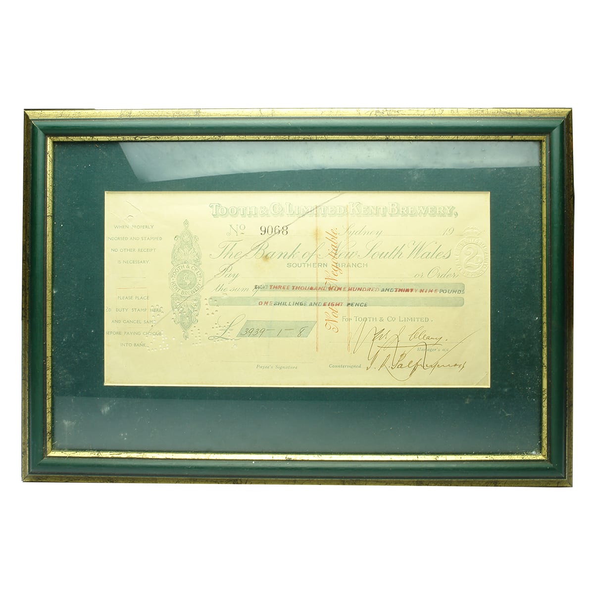 Receipt. Tooth & Co Limited Kent Brewery. Framed. Paid 20/9/1921. (Sydney, New South Wales)