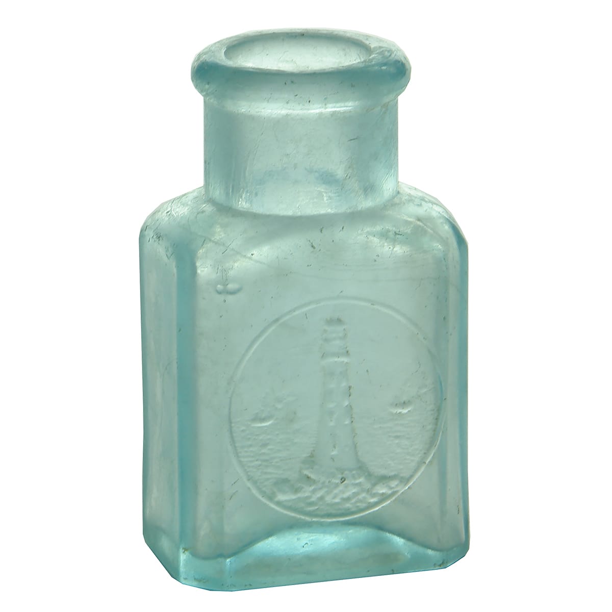 Pill Bottle. Lighthouse with two ships in background. (Kennedy, Warrnambool). Blue Aqua. 1 oz.