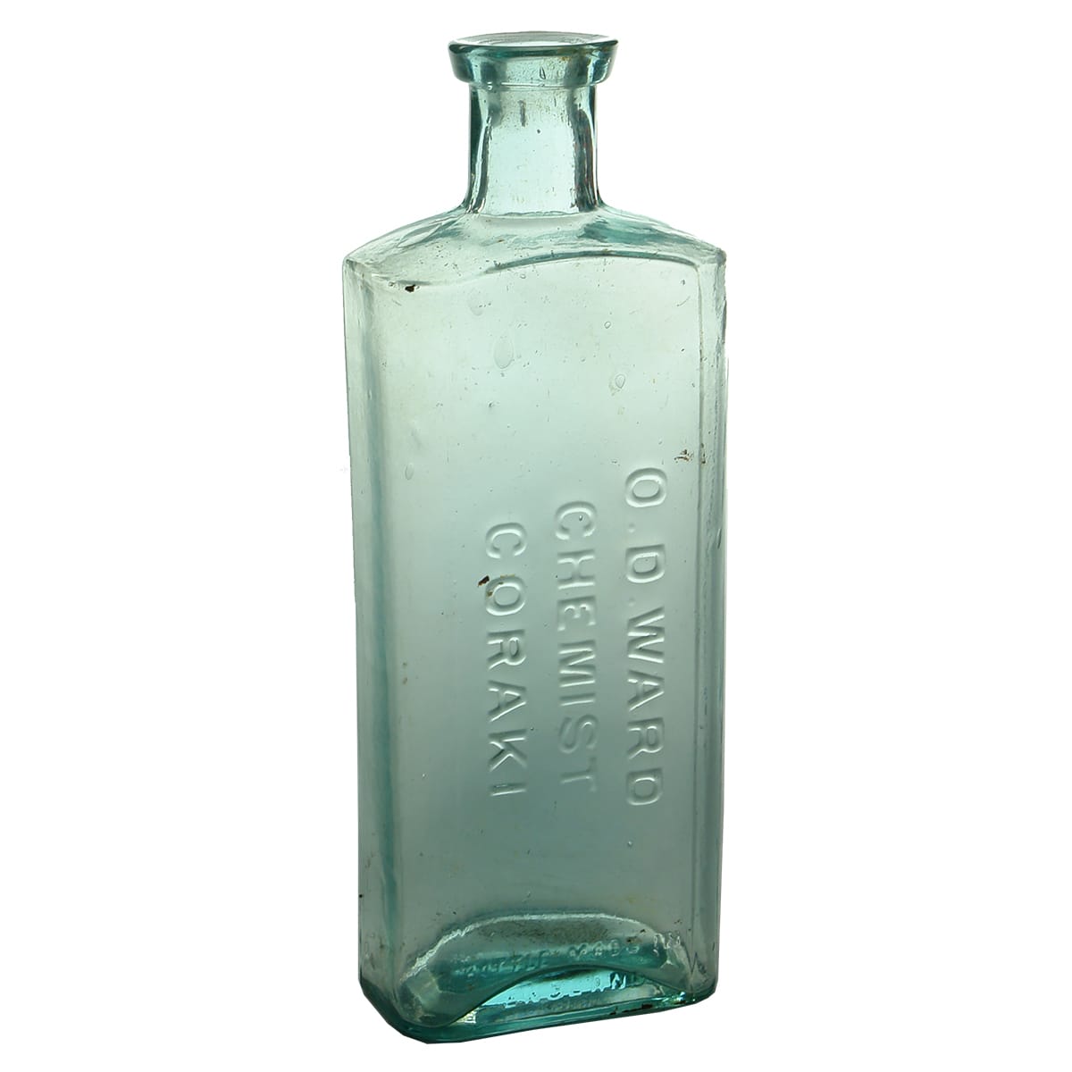 Chemist. O. D. Ward, Coraki. Bottle Made in England on front. Aqua. 8 oz. 165 mm (New South Wales)