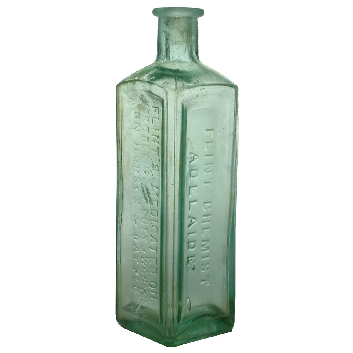 Vet Bottle. Flint's Medicated Oils. Adelaide. Aqua. 6 oz. (South Australia)