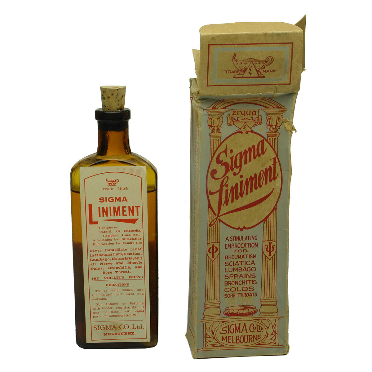 Medicine. Sigma Liniment. Labelled and Boxed bottle. Sigma Co Ltd Melbourne. (Victoria)