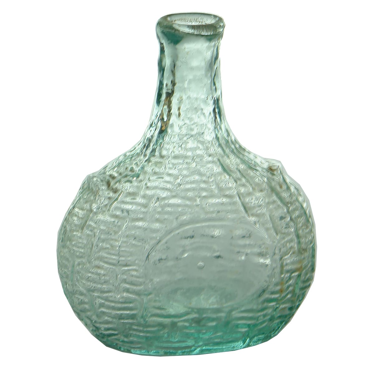 Sample. Basket weave glass "Demijohn". Tube pontil scar to base. Aqua. About 2 oz.