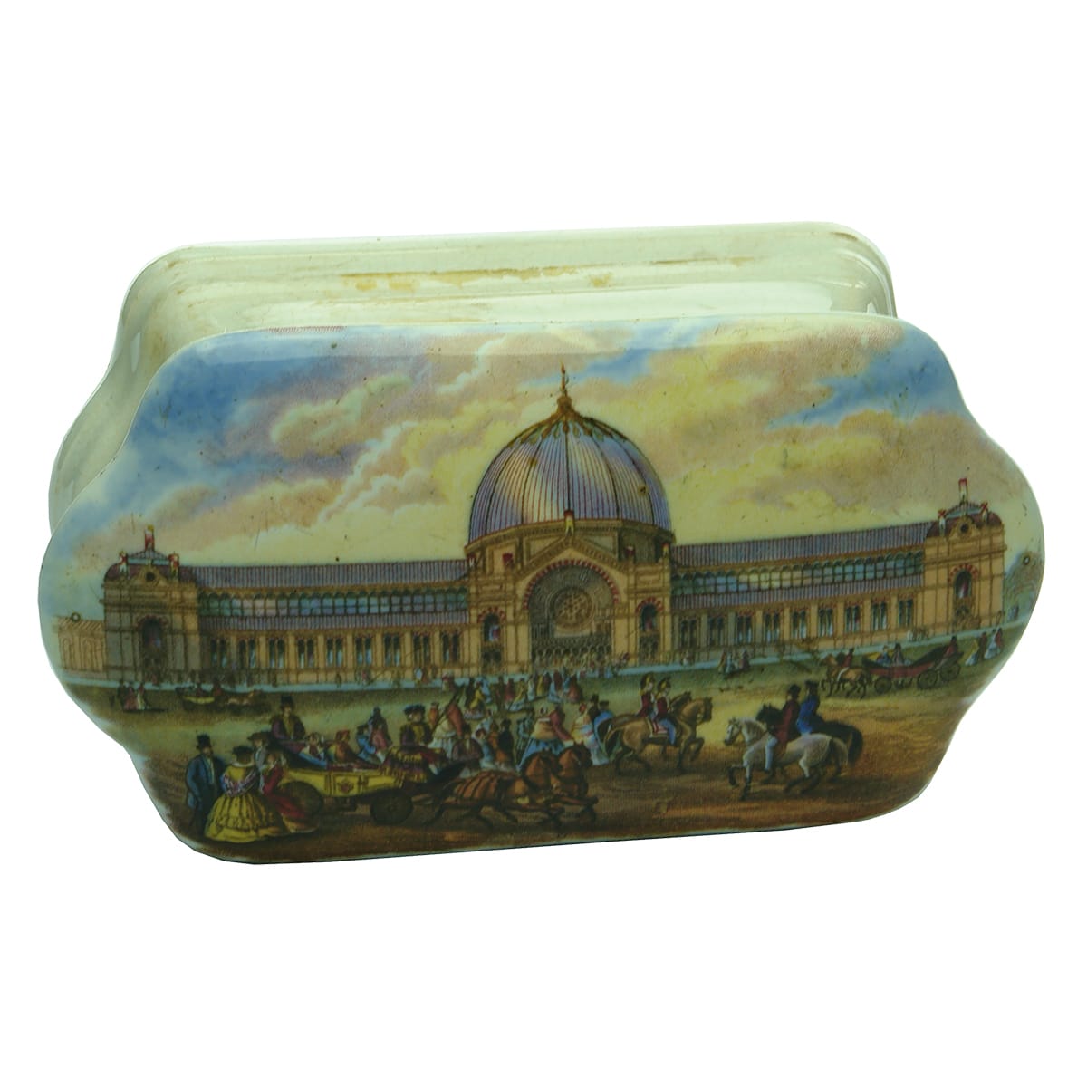 Prattware Lid. Outside Crystal Palace. Fancy shape.