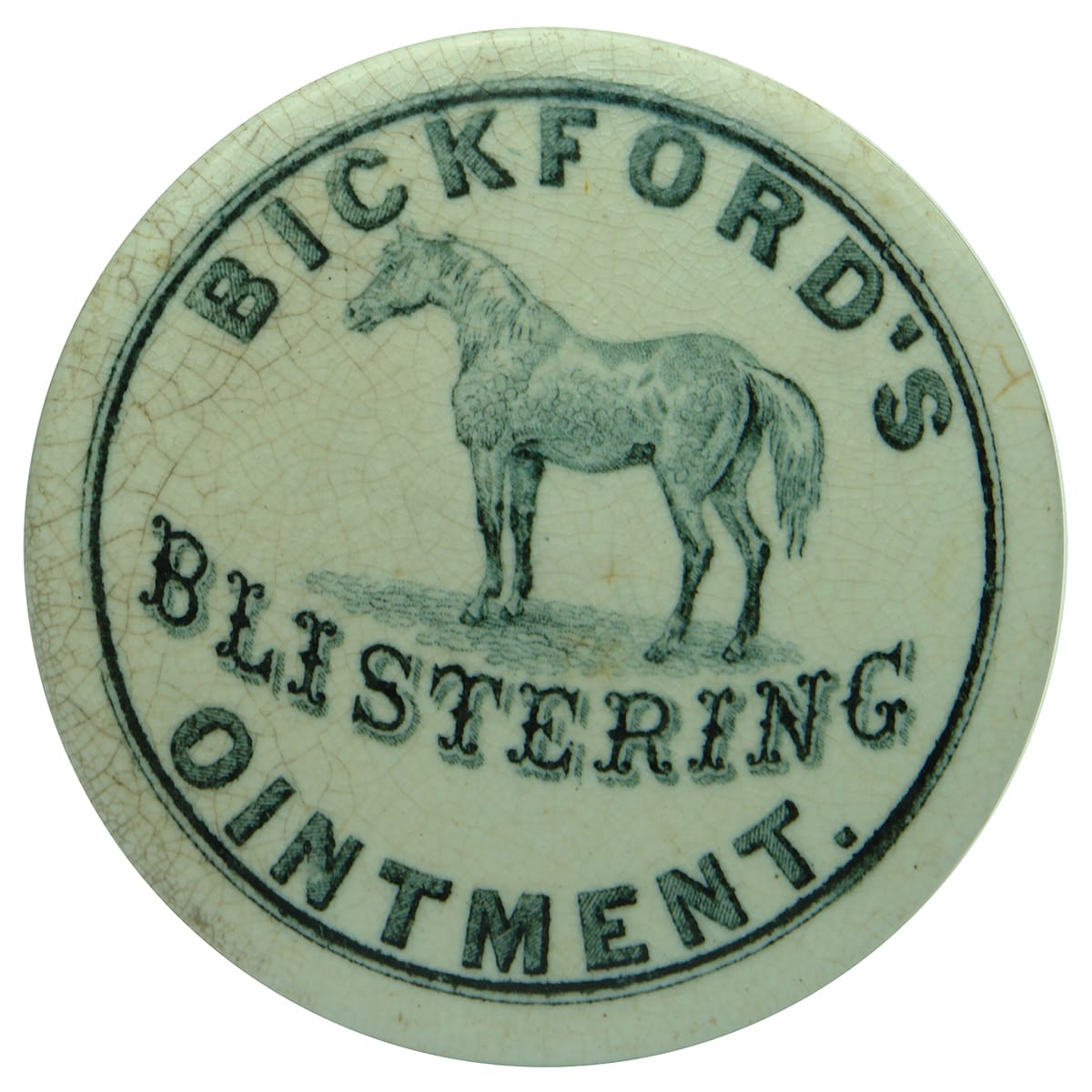 Pot Lid. Bickford's Blistering Ointment with Horse. (South Australia)