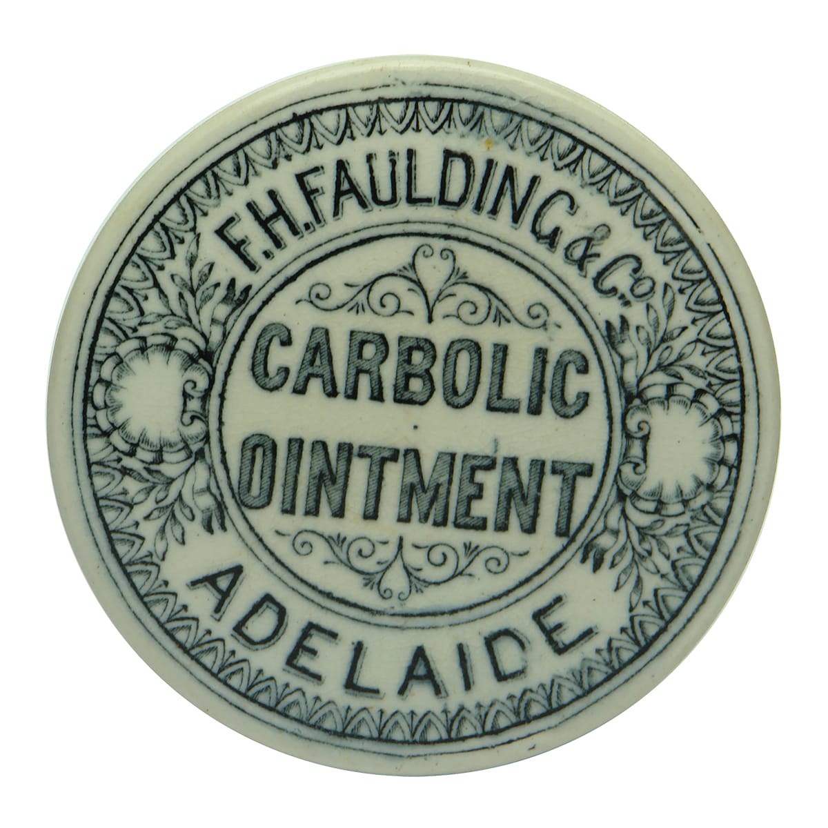 Pot Lid. F. H. Faulding & Co, Adelaide, Carbolic Ointment. Black & White. (South Australia)