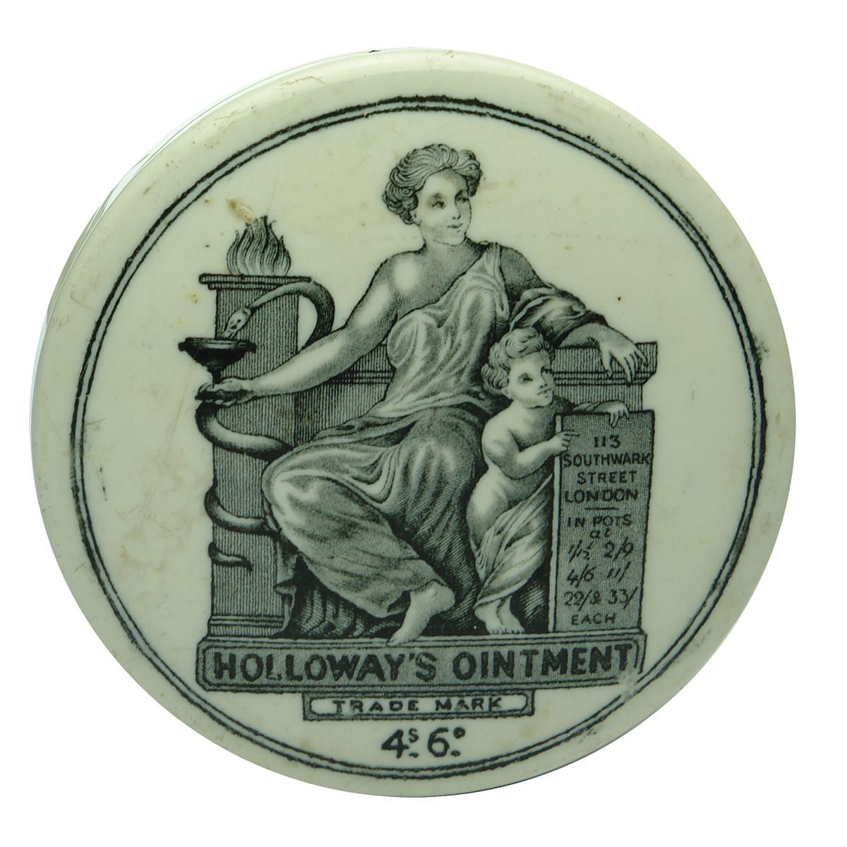 Pot Lid. Holloway's Ointment. 113 Southwark Street. 4s 6d size. With a base.