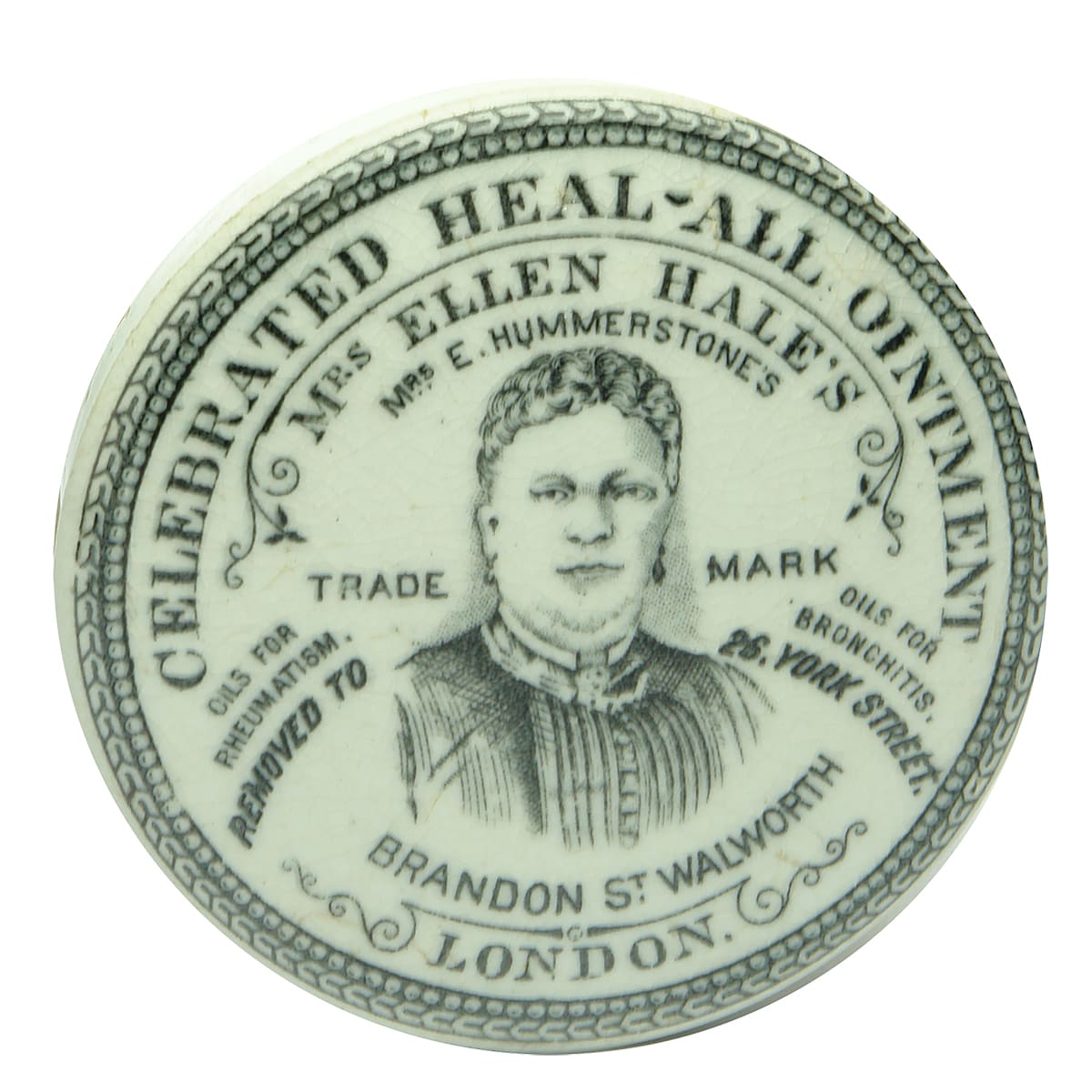 Pot Lid. Ellen Hale's Heal-All Ointment. Black & White.