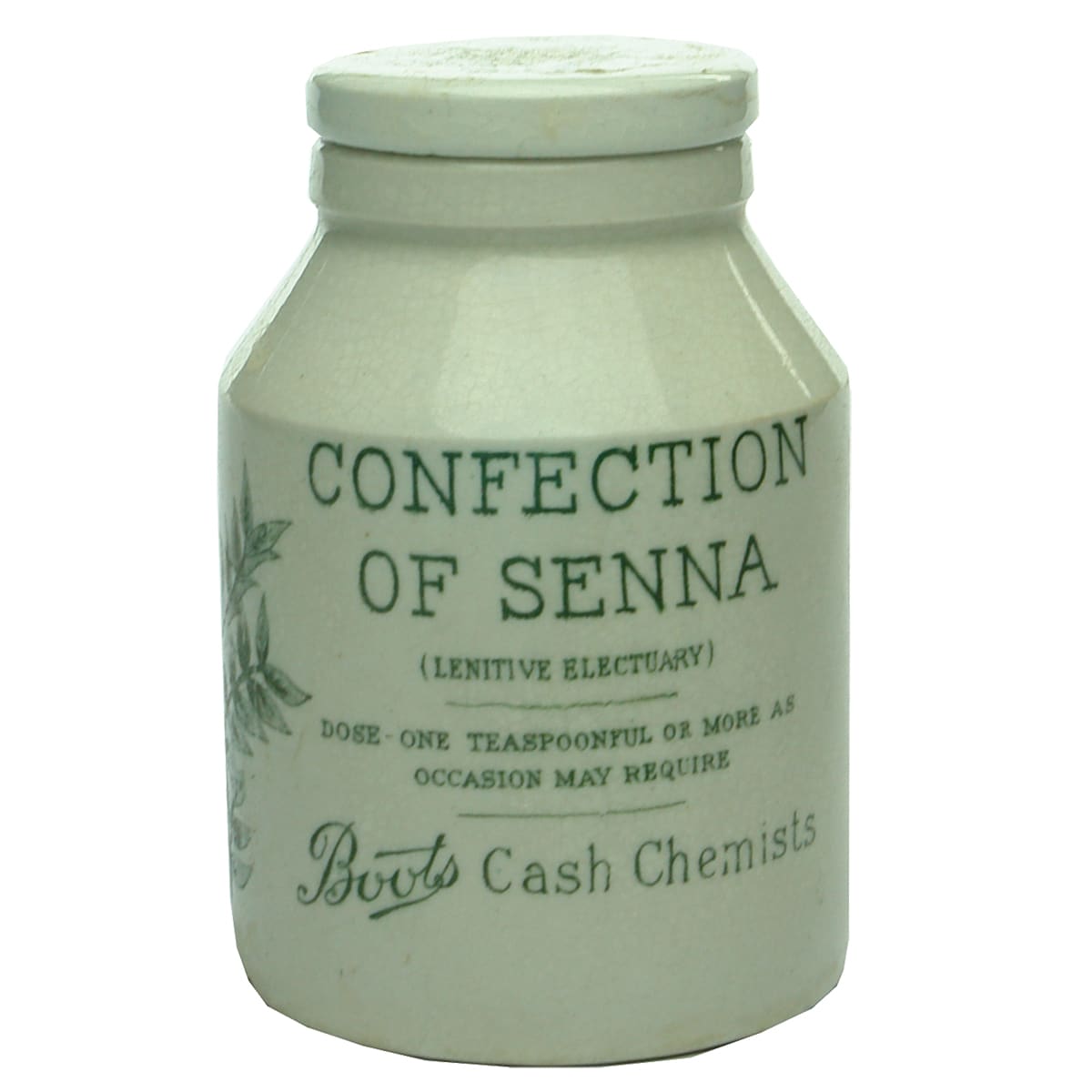 Pot. Boots Cash Chemists Confection of Senna.  Green Print.