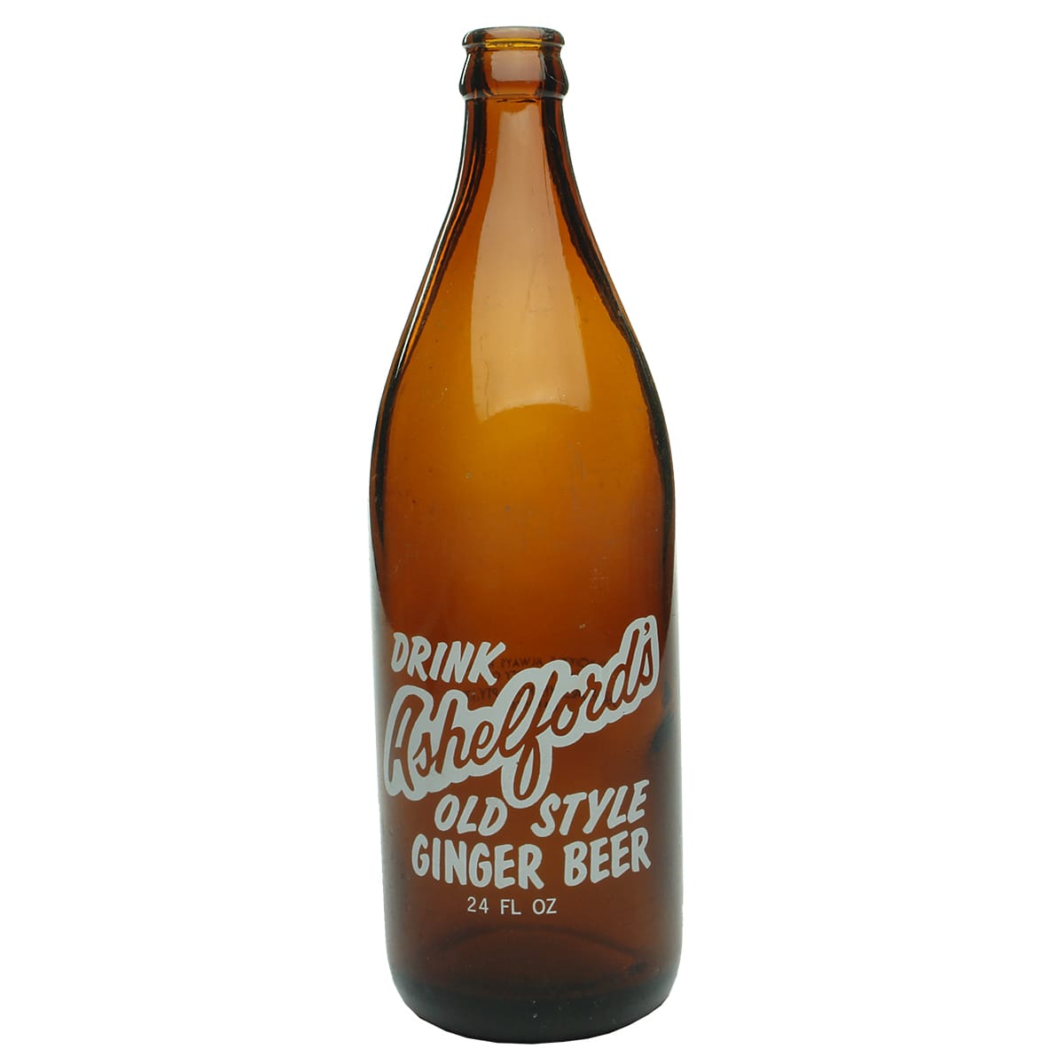 Ginger Beer. Ashelford, Bathurst. Amber with white label. 24 oz. (New South Wales)