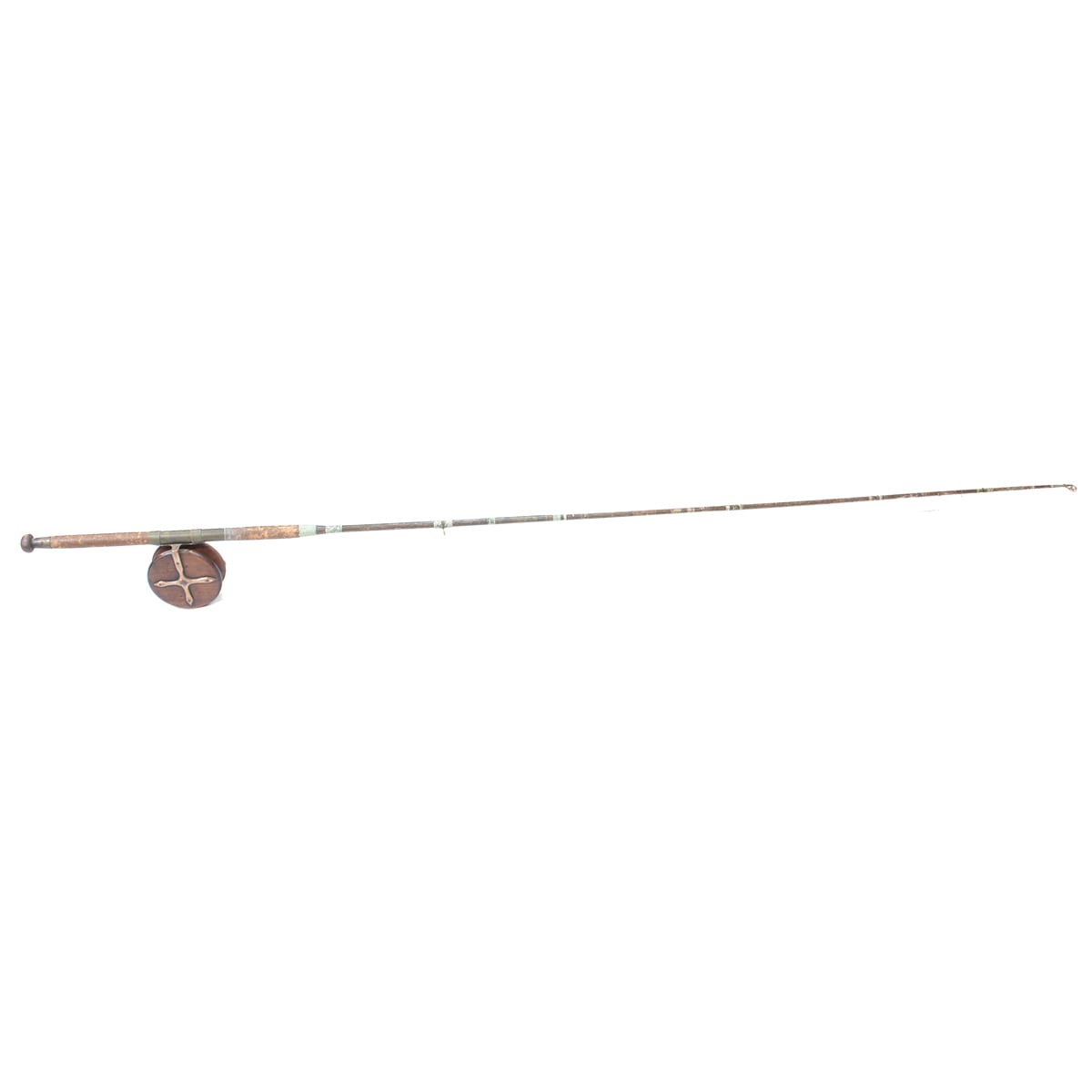 Sporting. Large Bamboo Fishing Rod with brass fittings and wooden reel.