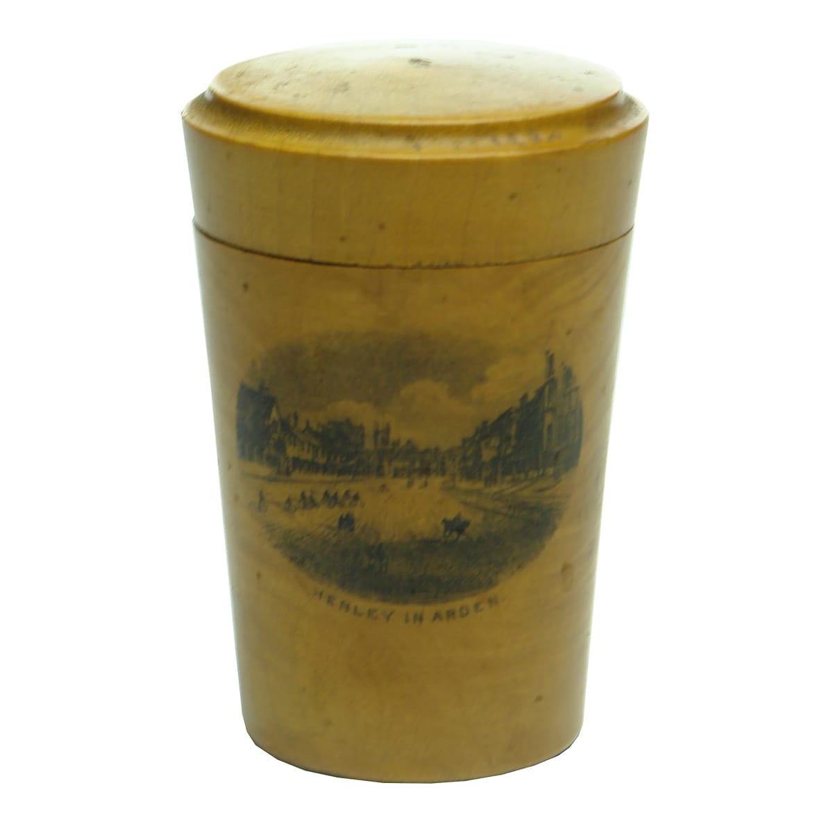 Miscellaneous.  Lidded wooden container printed with Henley in Arden, containing early glass.