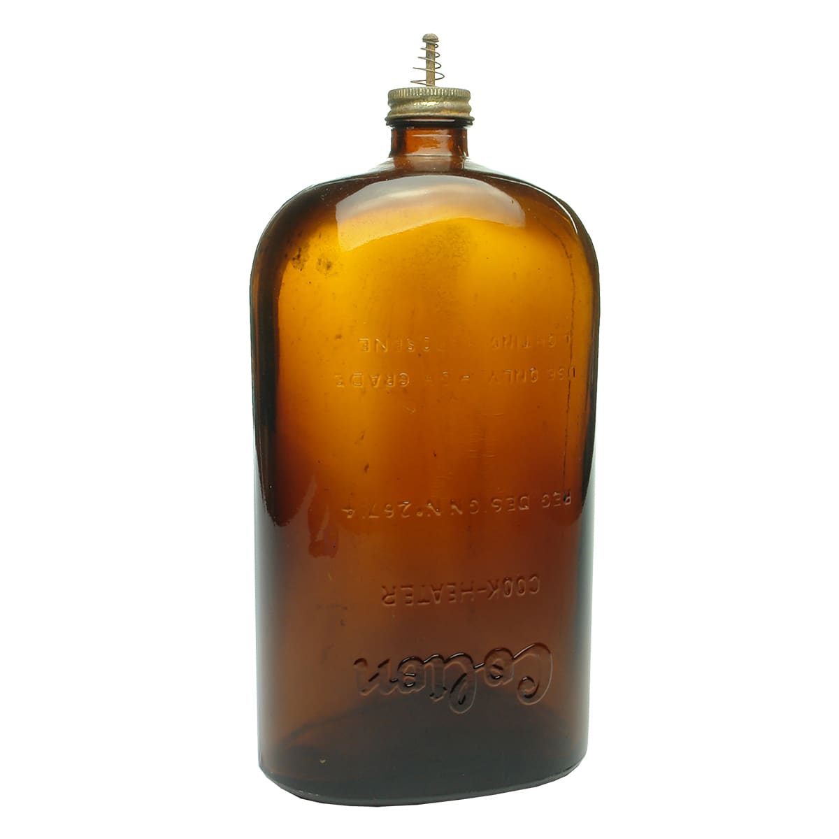 Kerosene Colton Cook Heater bottle. Screw thread. Amber. Quart. Original cap with spring fitting. (South Australia)