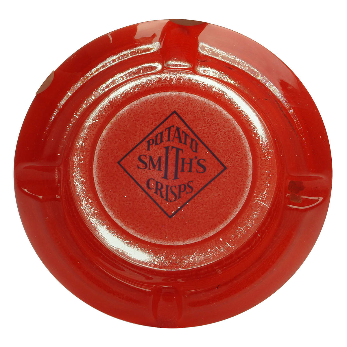 Advertising Ash Tray. Smith's Potato Crisps. Clear glass painted red. Blue Print.