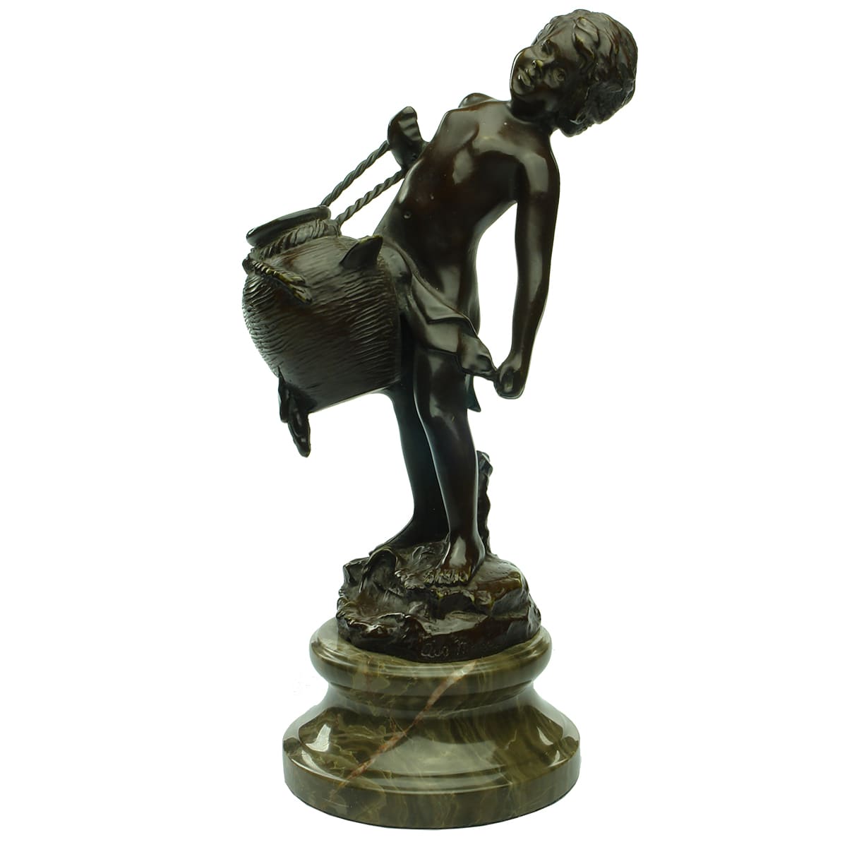 Bronze Statue. Aug Moreau. Young Boy with a Jar. Eel escaping. Brown patina. Marble stand.