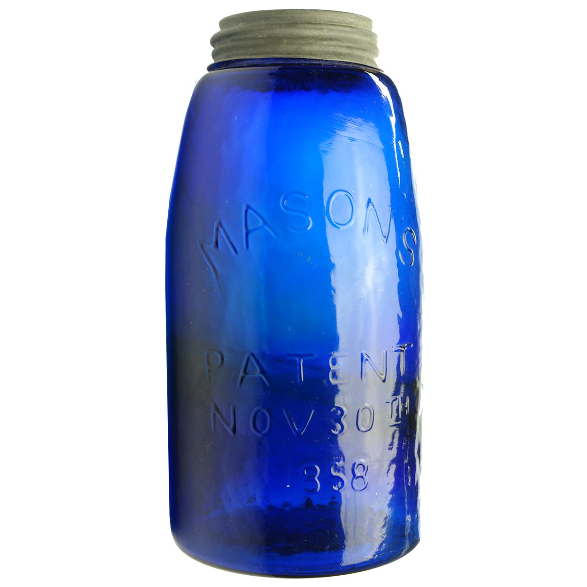 Reproduction Fruit Jar. Mason's Patent 1858. Hero Cross. Cobalt Blue. Half Gallon.