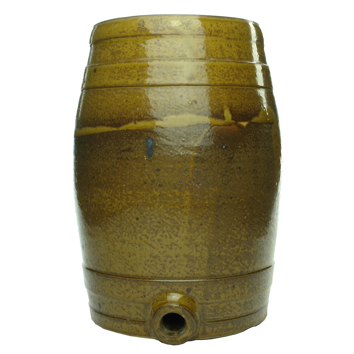 Stoneware Spirit Barrel. 2 Galls in script at top edge.