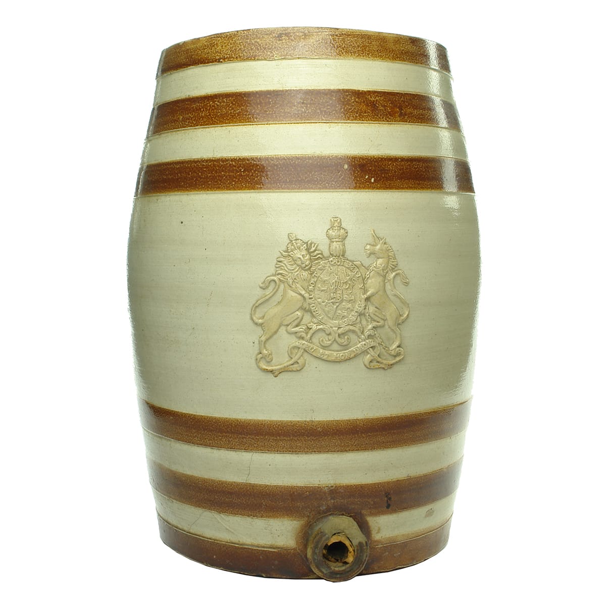 Large Spirit Barrel. English Coat of Arms applied decoration. 4 Gallon.