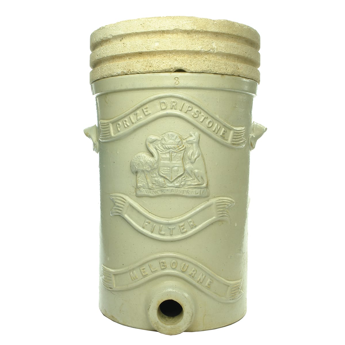 Water Filter. Prize Dripstone Melbourne. Australian Coat of Arms. Cornwell's Pottery Brunswick. With Limestone Insert. (Victoria)