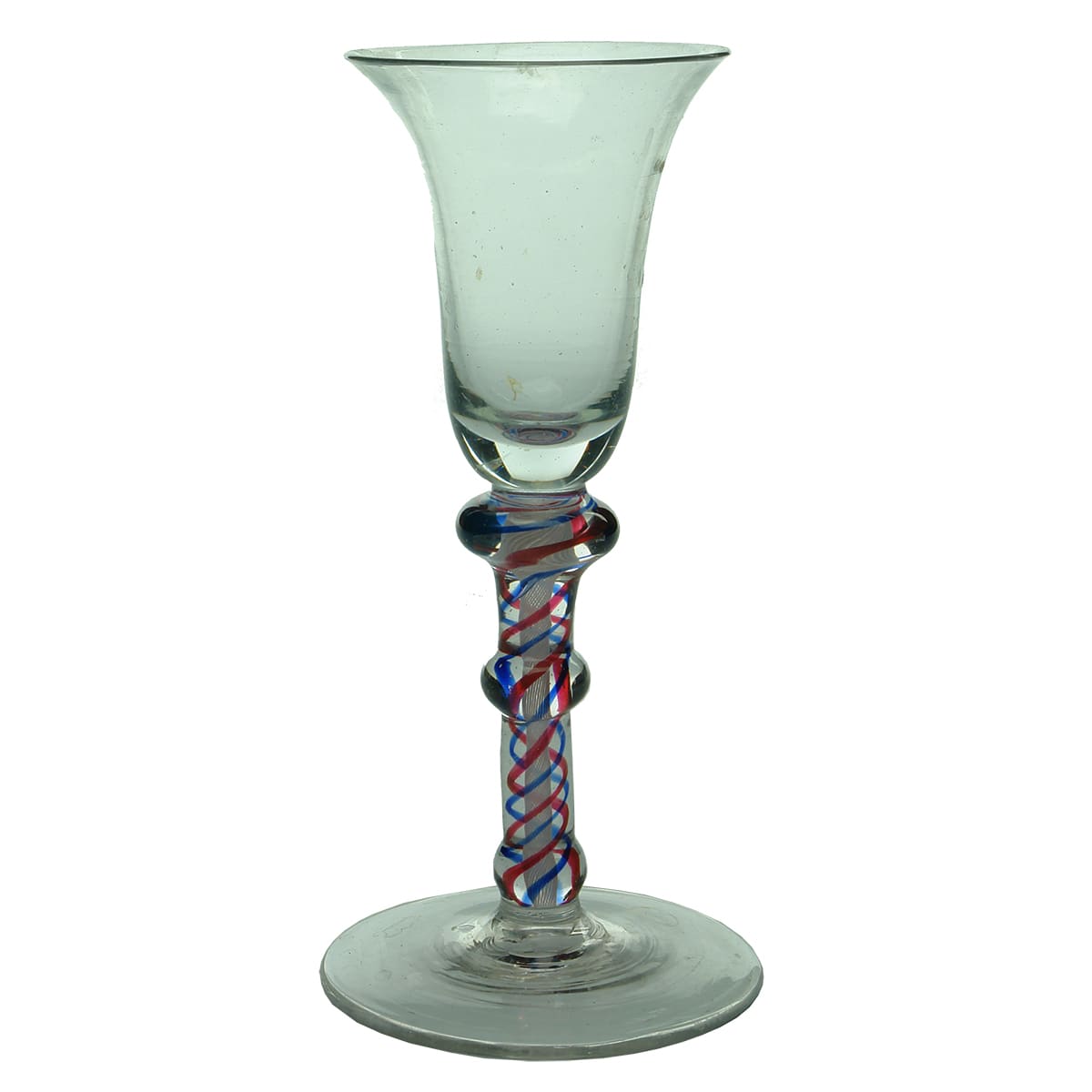 Glass. Georgian twisted white, blue and red stem with triple knop.