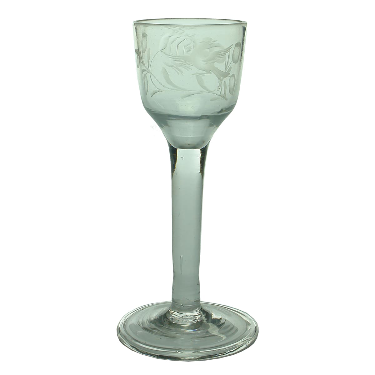 Glass. Georgian pontiled etched glass with plain stem and folded foot.