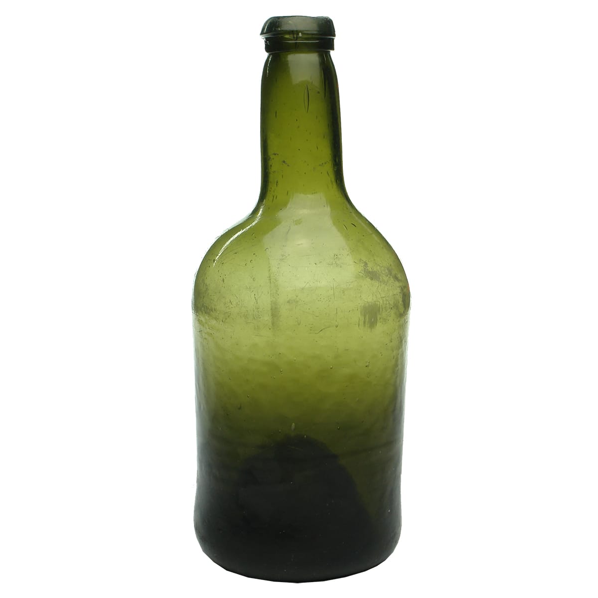 Saggy based Black glass bottle. Indistinct round pontil to base.