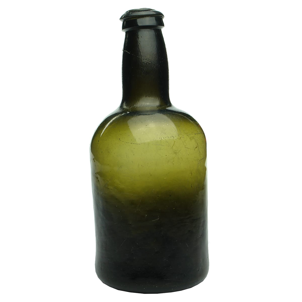 Saggy based Black glass bottle. Pontil scar to base.