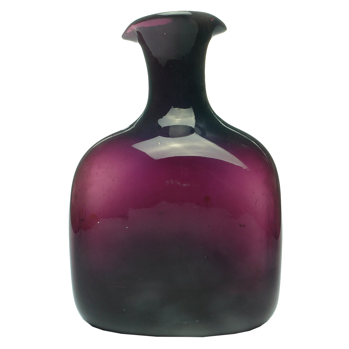 Deep purple decanter, pontil, 1840s.