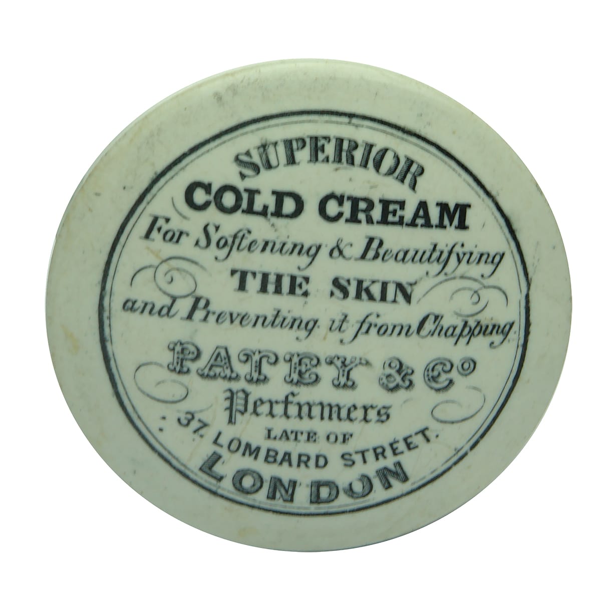 Pot Lid. Patey, London. Cold Cream. Black & White.