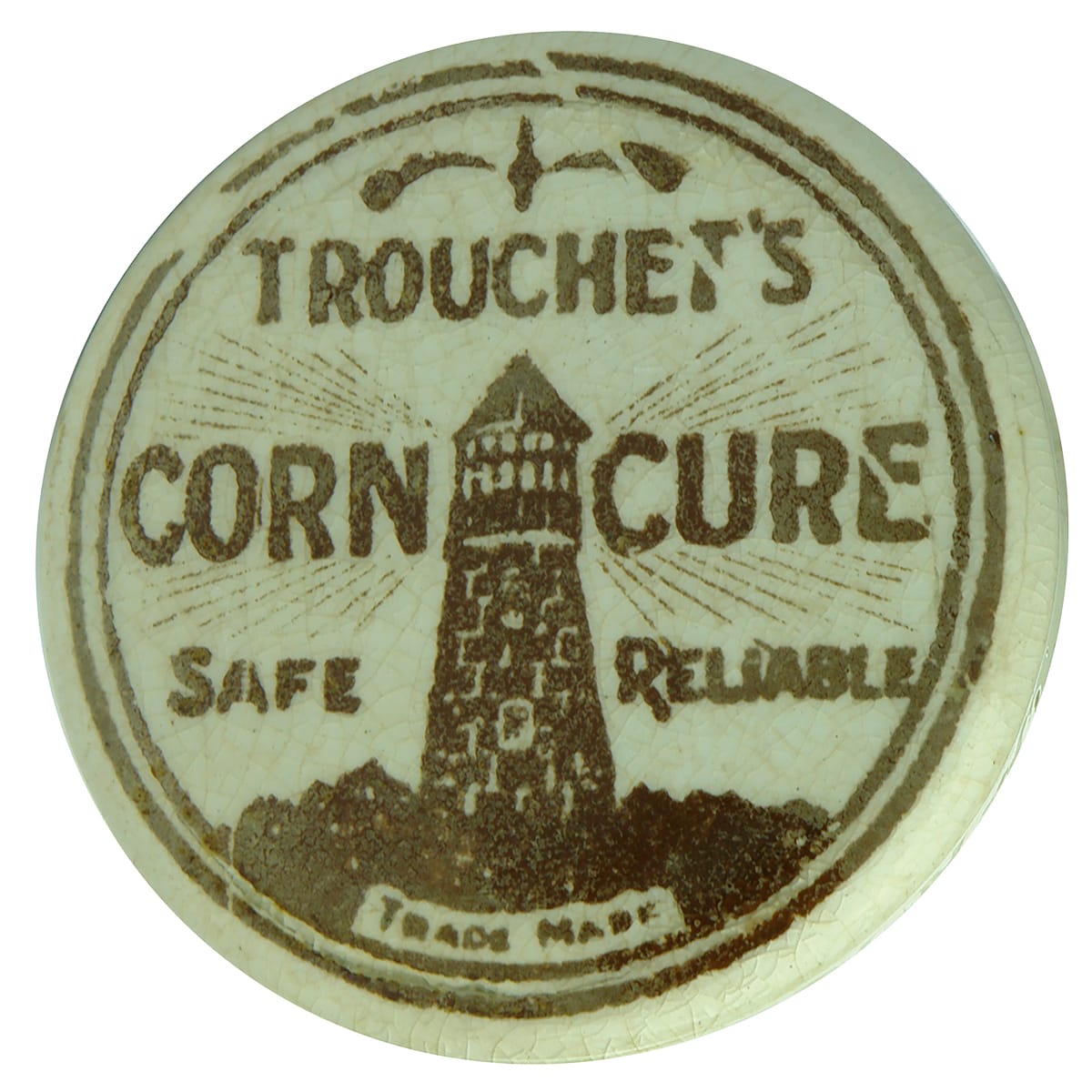 Pot Lid. Trouchet's Corn Cure. Brown Print. (Western Australia)