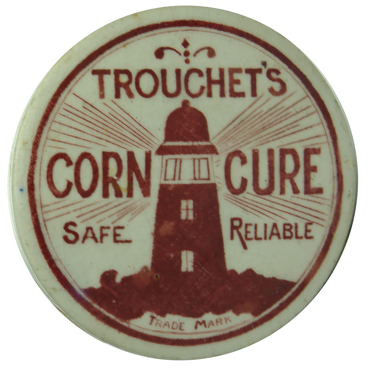 Pot Lid. Trouchet's Corn Cure. Red & White.