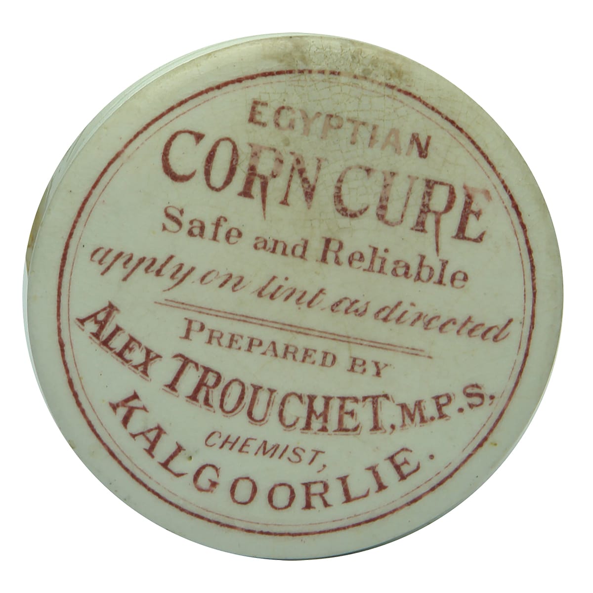 Pot Lid. Trouchet, Kalgoorlie. Egyptian Corn Cure. Red & White.