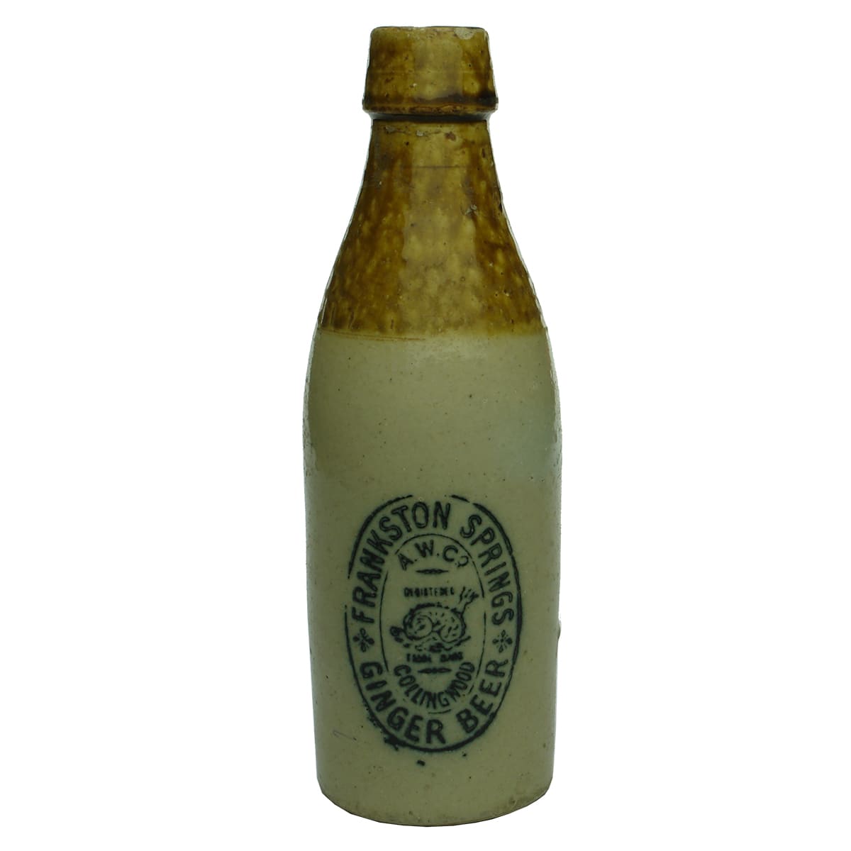 Ginger Beer. Frankston Springs A. W. Co., Collingwood. Tan Top. Dolphin trade mark. (Victoria)