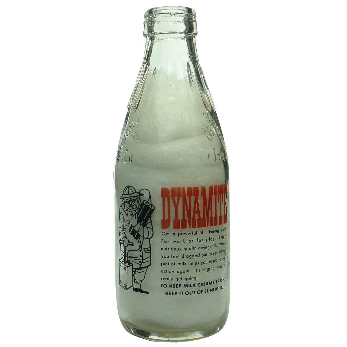 Milk. Dairy Farmers Co-Op. Milk Co. Ltd. Ceramic label advertising Dynamite. 1 Pint. (New South Wales)