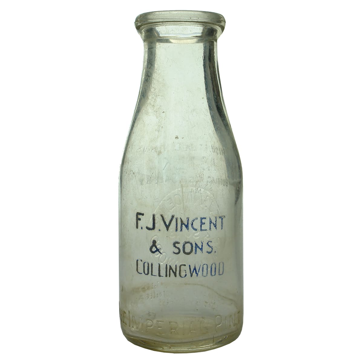 Milk. F. J. Vincent & Sons, Collingwood. Wad lip. Ceramic label. 1 Pint. (Victoria)