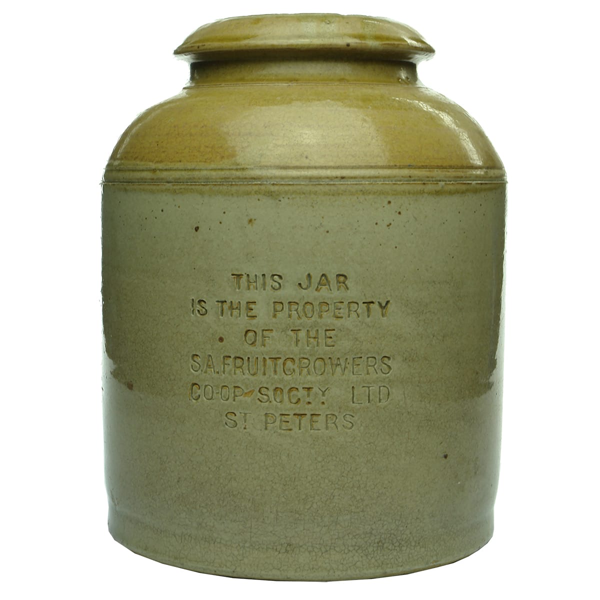 Jar. S. A. Fruitgrowers Co-Op Socty Ltd, St Peters. Jam. 1 Gallon. (South Australia)