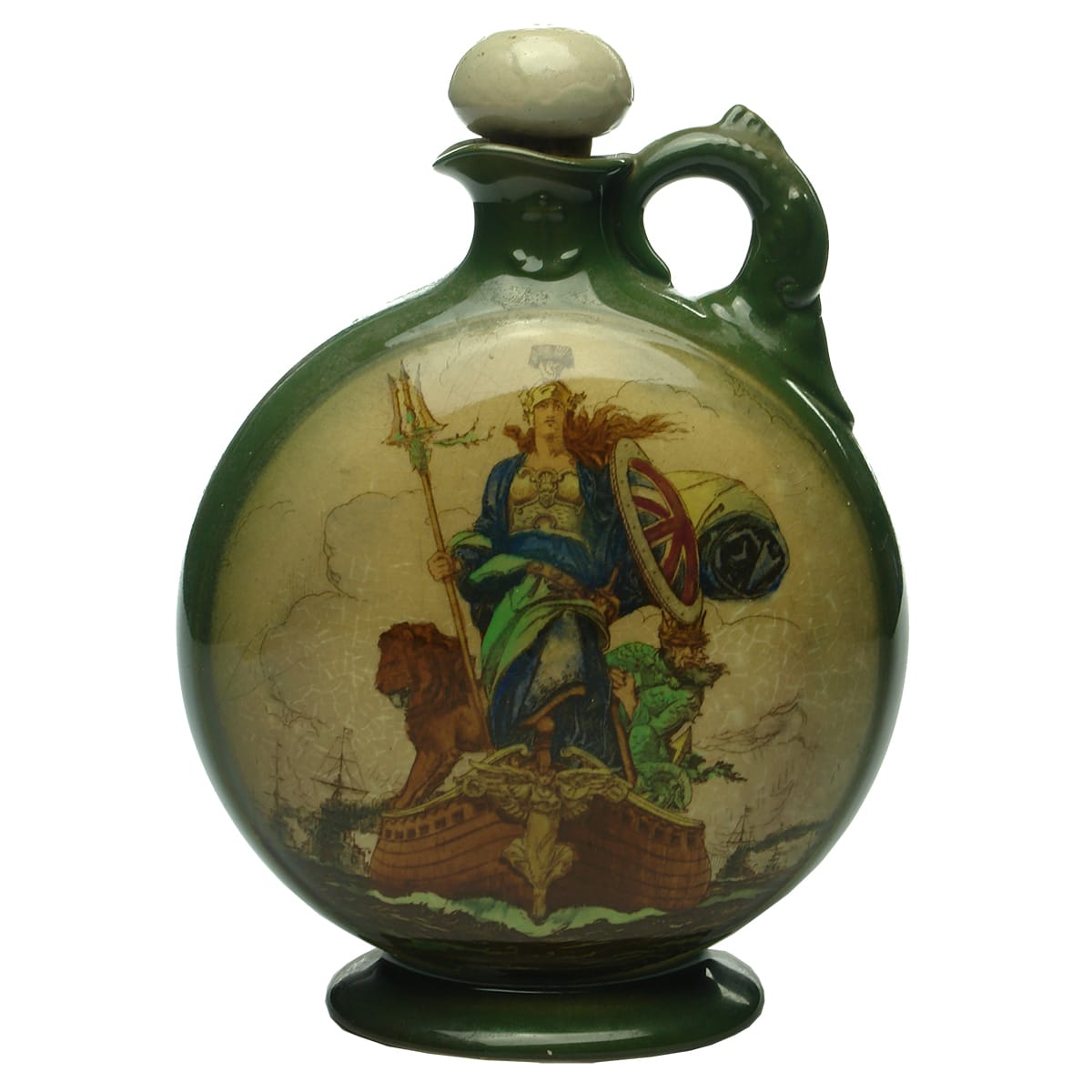 Kingsware Whisky Jug. Britannia. Dewar. Green background. Royal Doulton.