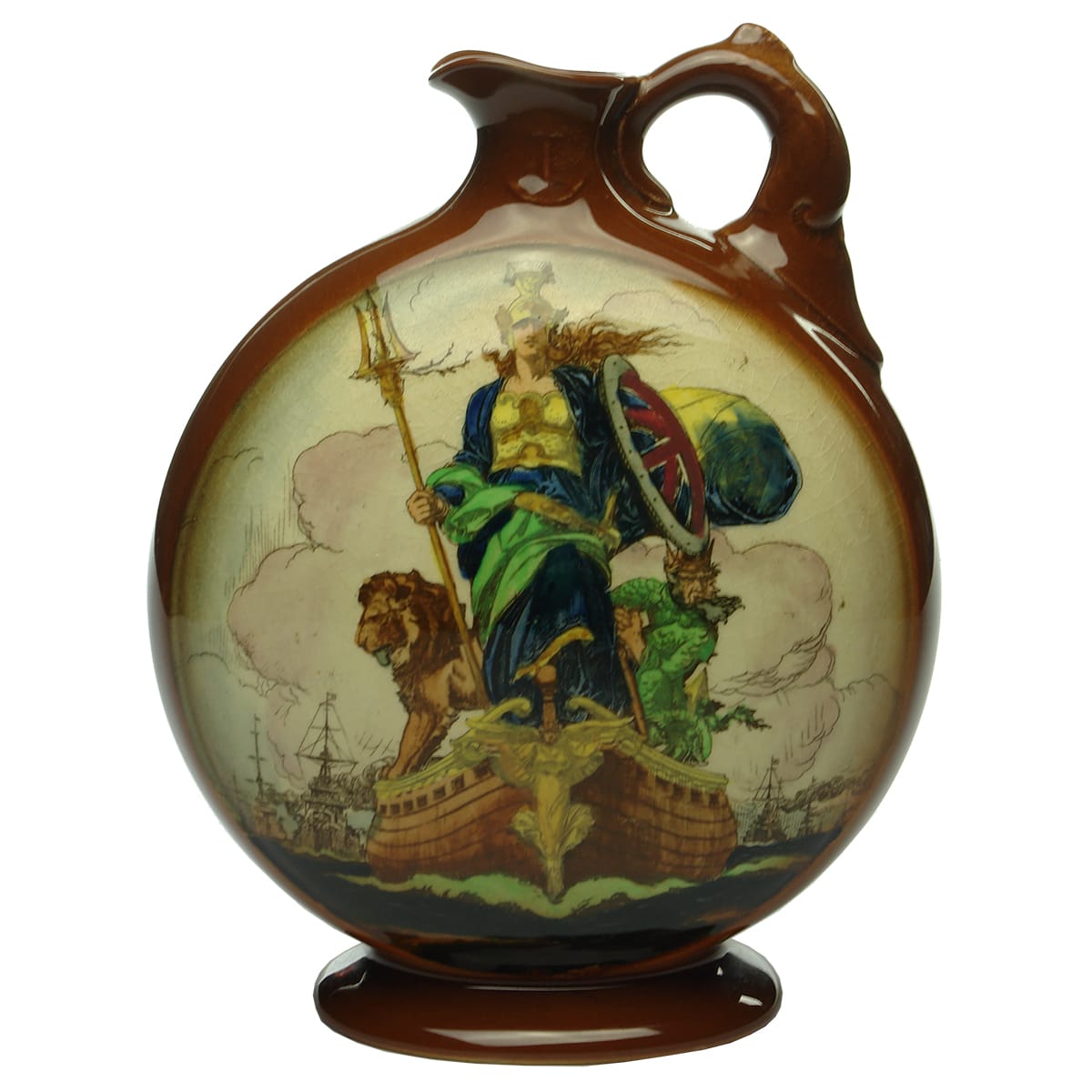 Kingsware Whisky Jug. Britannia. Dewar's Whisky. Brown background. Royal Doulton.